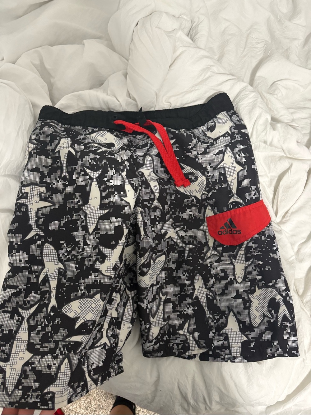 adidas Black & White Shark Print Swim Shorts with Red Accents